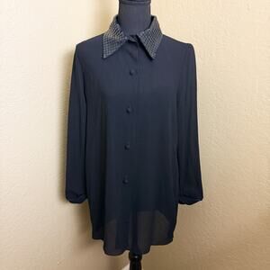 Vintage Caron Chicago Black Sheer Sequin Collar Button Front Party Blouse
